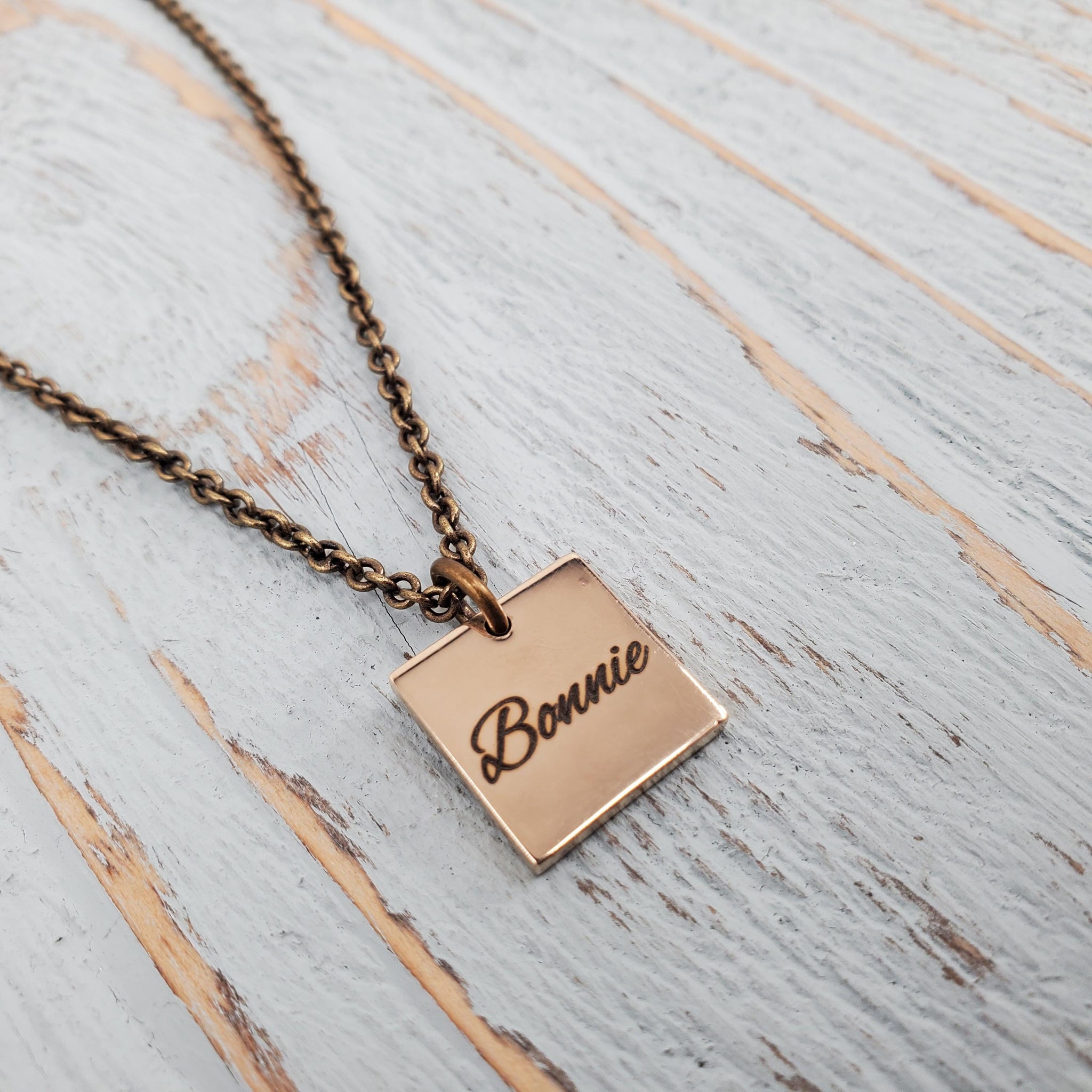 Custom Engraved Square Pendant Necklace - Handwriting Jewelry Memorial Gift for Her in Bronze