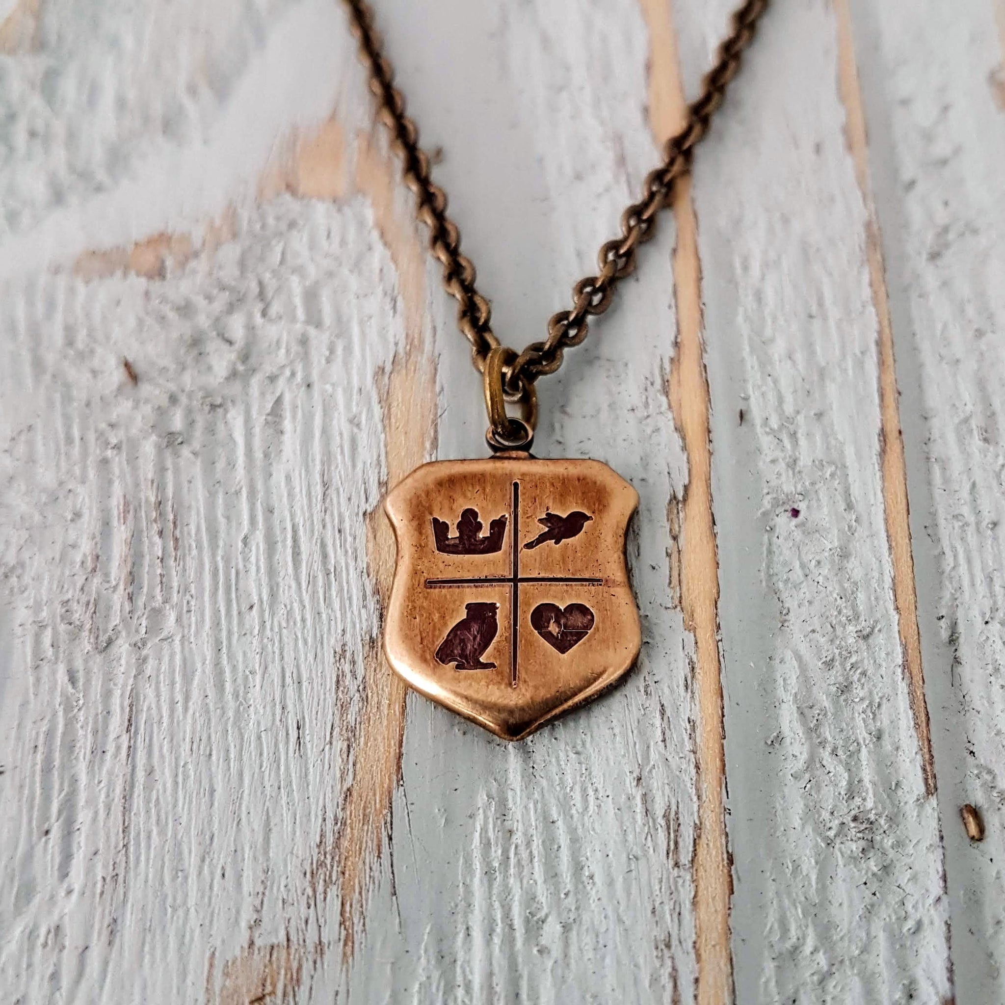 Custom Bronze Shield Necklace, Engraved Coat of Arms Pendant, Personalized Family Crest Jewelry, Customizable Gift for Him or Her