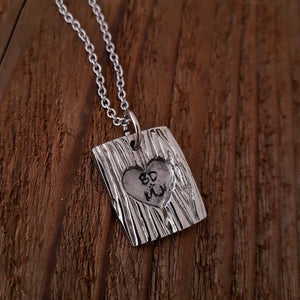 Silver Stainless Steel Carved Initial Necklace Tree Bark Pendant Personalized Initial Tree Jewelry Custom Love Letters Engraved Nature