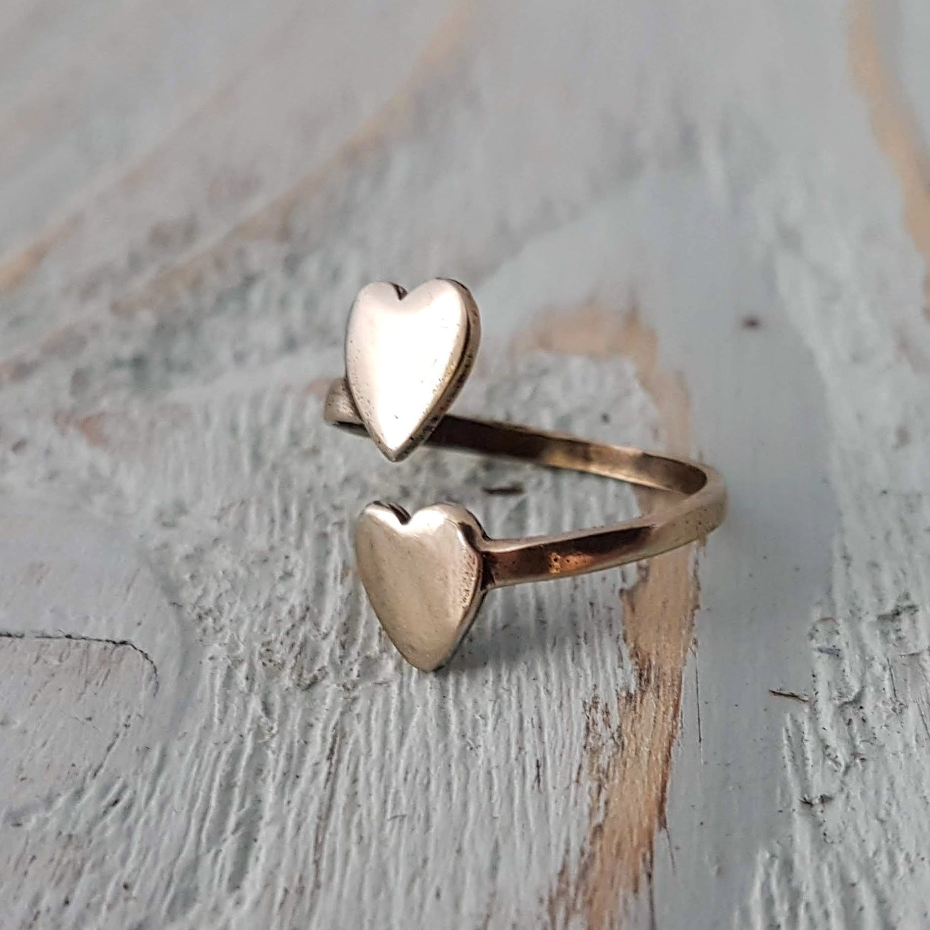 Double Heart Ring Solid Sterling Silver Adjustable Gwen