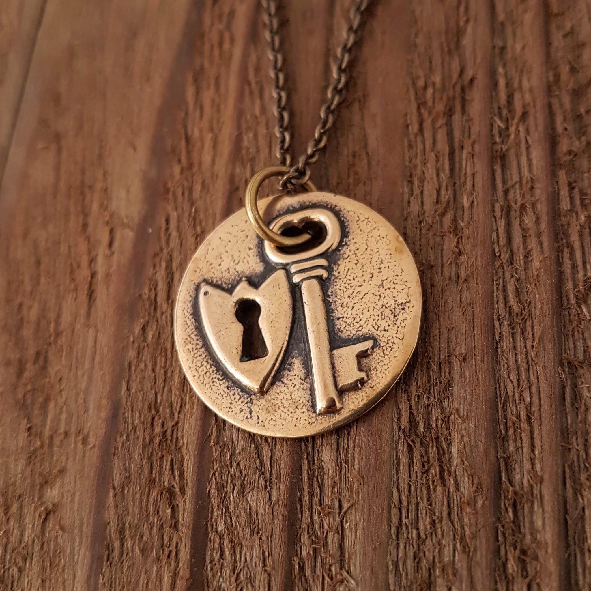 Lock Key Disc Gold Bronze Necklace Custom Engraved Necklace Personalized Pendant, Custom Personalized Wedding Gift, Anniversary Jewelry Gift