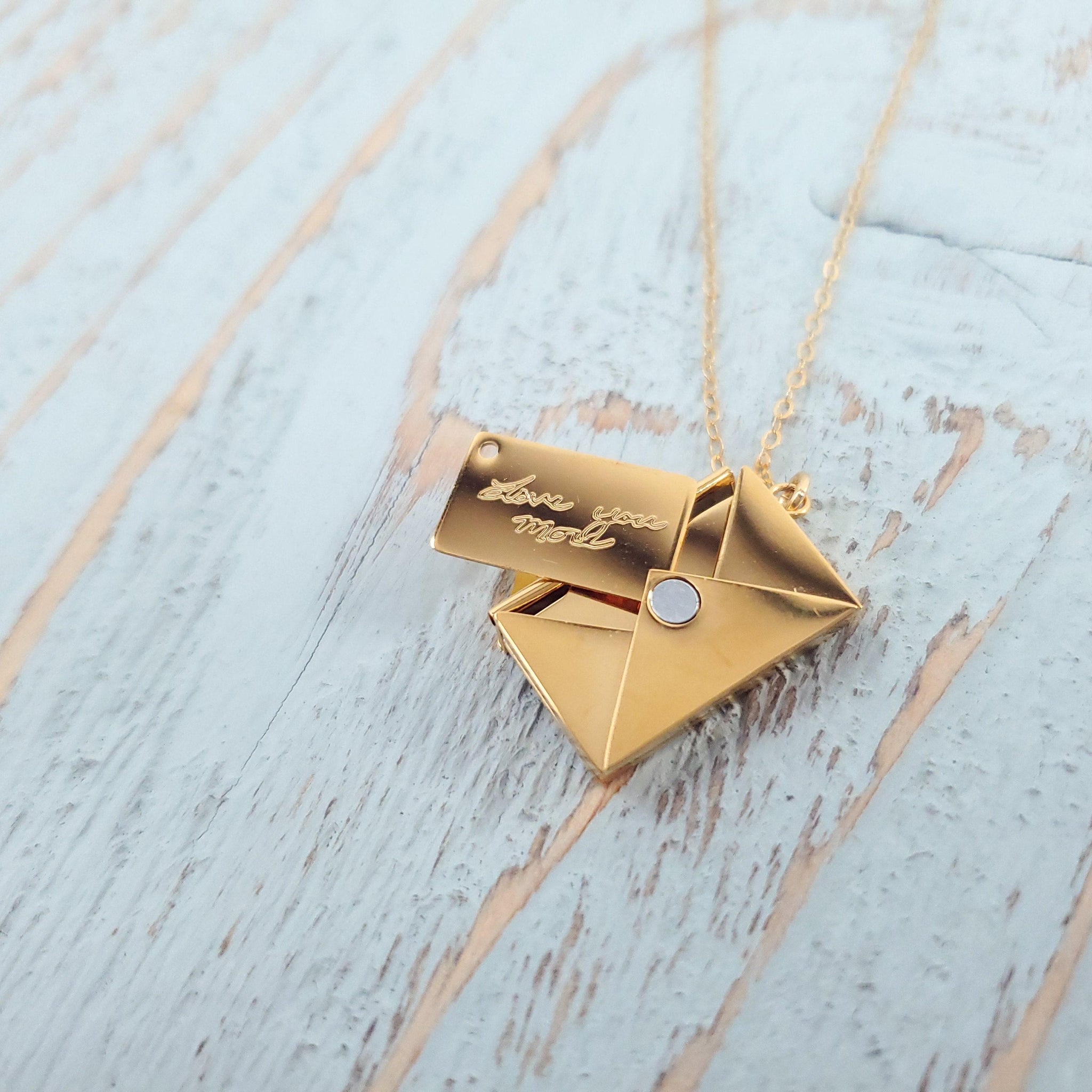 Gold Love Letter Locket Necklace Engraved with Your Handwriting or Custom Symbol A Tiny Secret Letter Tucked Inside an Envelope Pendant