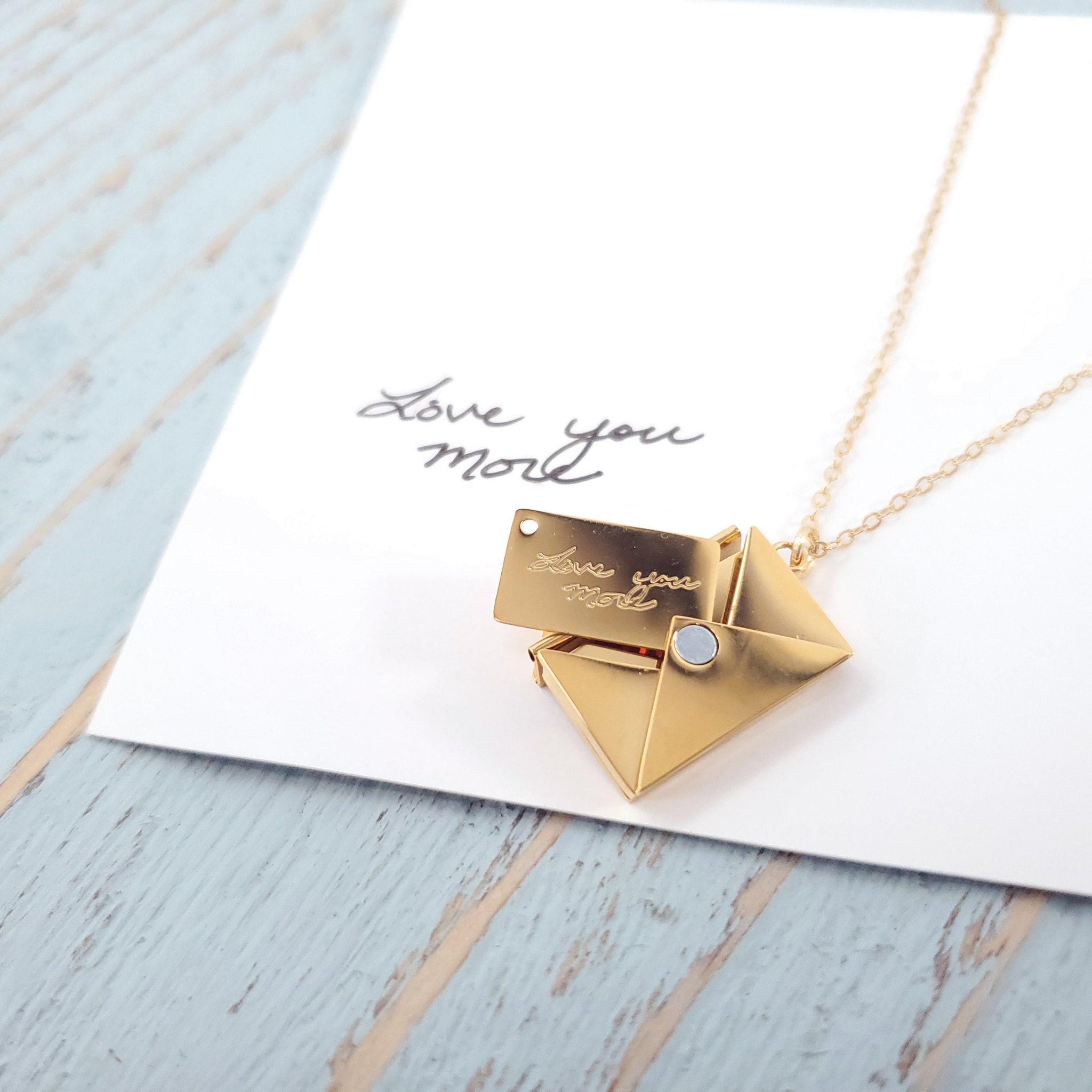 Gold Love Letter Locket Necklace Engraved with Your Handwriting or Custom Symbol A Tiny Secret Letter Tucked Inside an Envelope Pendant