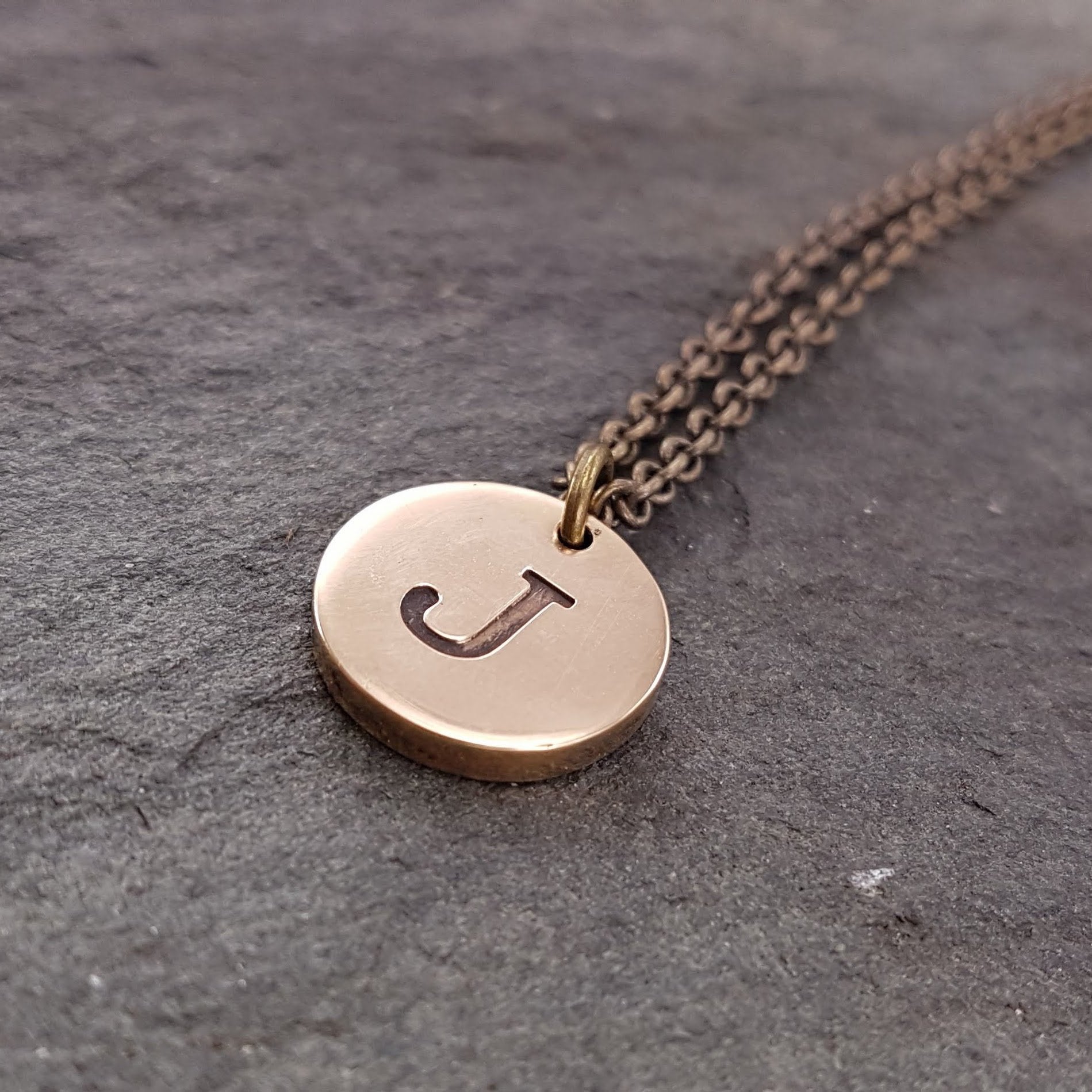 Engraved Initial Charm Necklace - Solid Bronze Monogram Pendant
