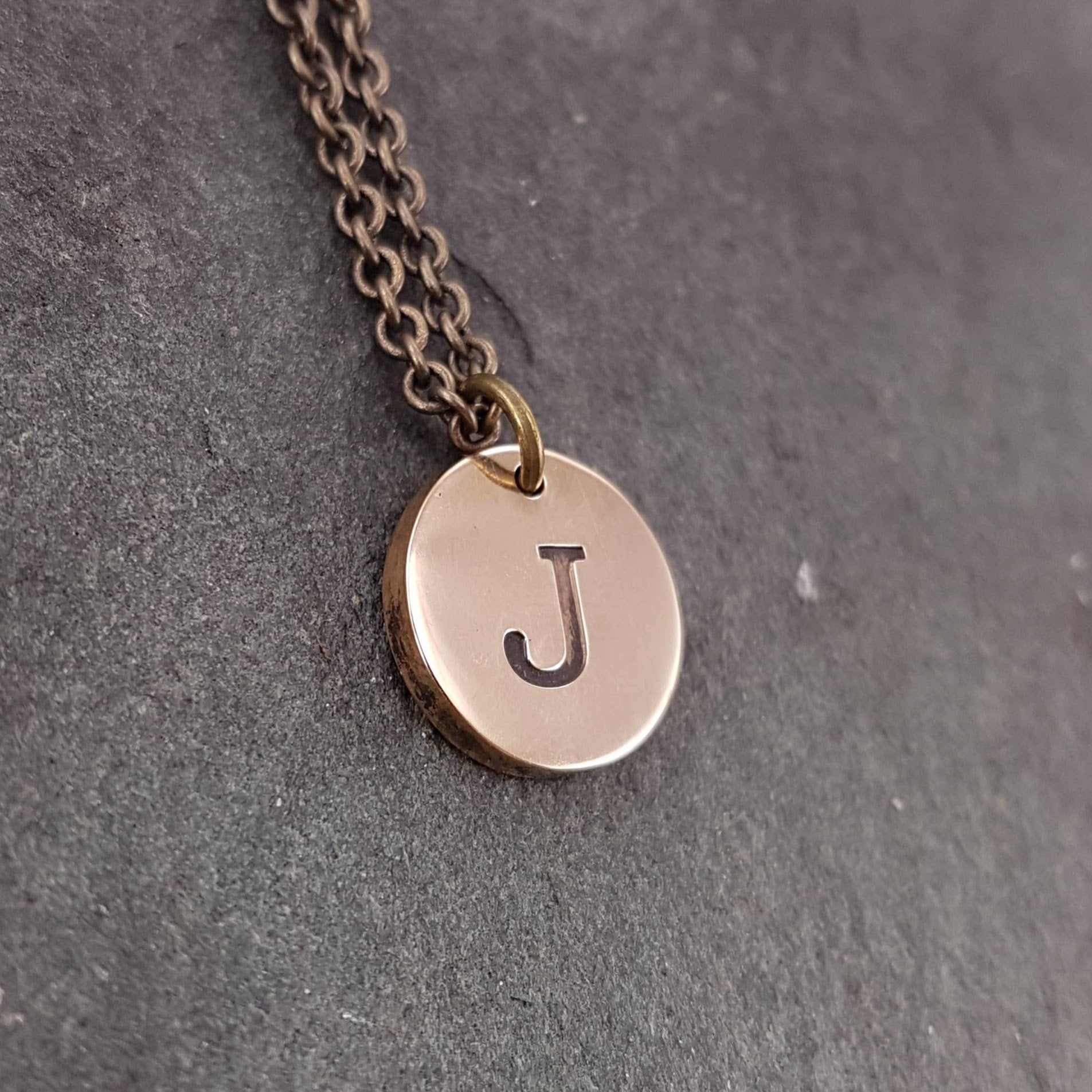 Engraved Initial Charm Necklace - Solid Bronze Monogram Pendant - Pers -  Gwen Delicious Jewelry Designs