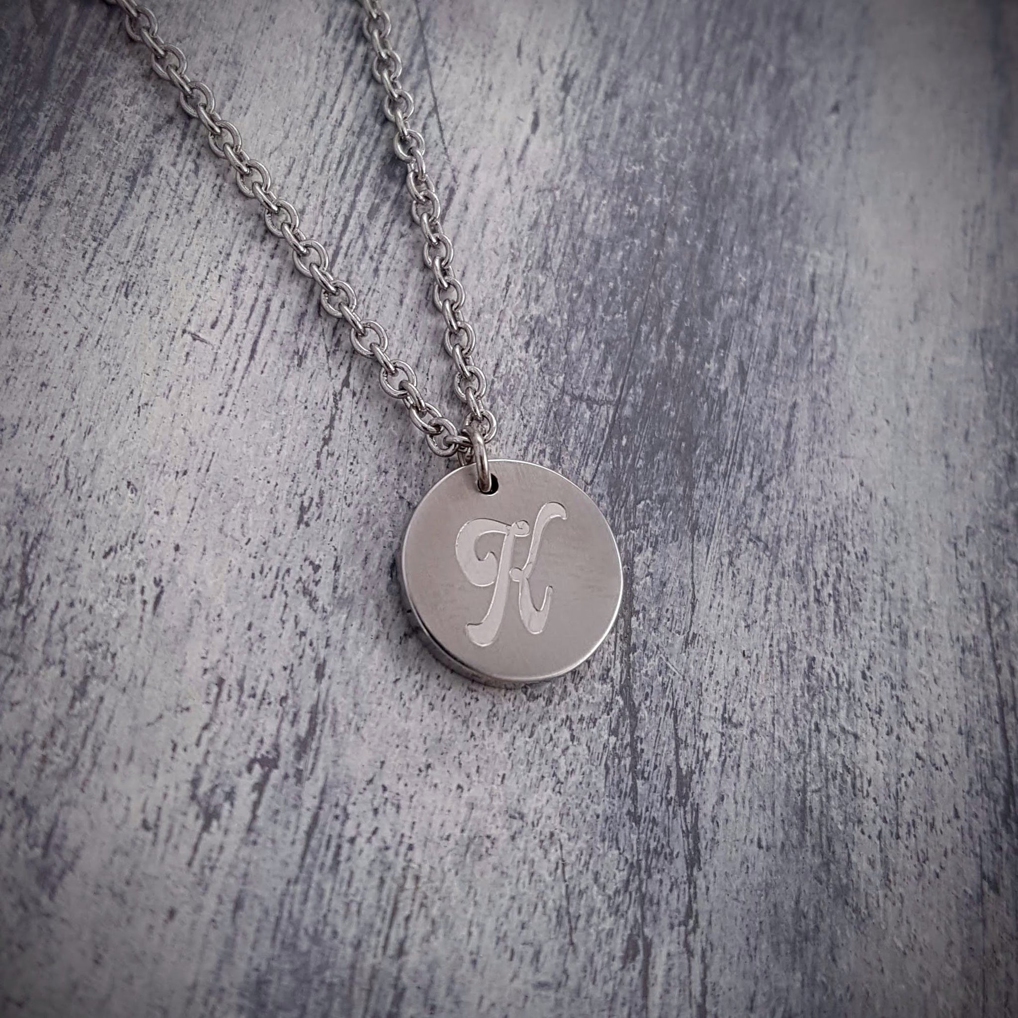 Engraved Initial Charm Necklace - Silver Monogram Pendant - Stainless Steel Personalized Symbol Necklace Silver Letter Necklace Gift for her - Gwen Delicious Jewelry Designs
